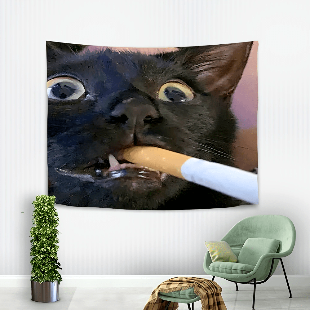 Home Decor Emoji - VIKAMA Lustiger rauchender schwarzer Katzen-Meme-Wandteppich –