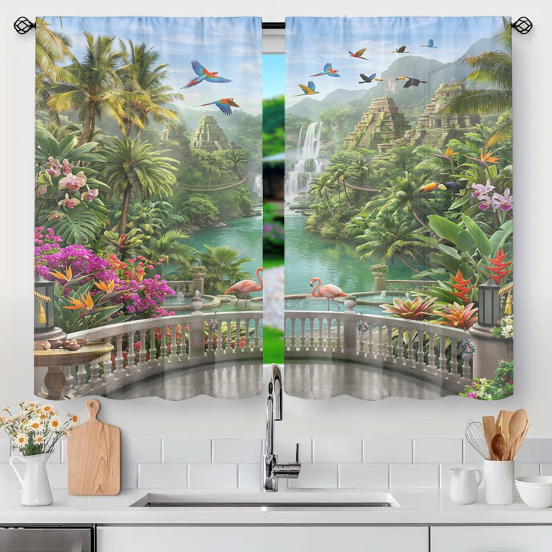 Home Decor Bali - Lebendiger Tropischer Dschungel-Wasserfall-Landschaftsvorhang Transparente Gardinen Fenster-Dekor