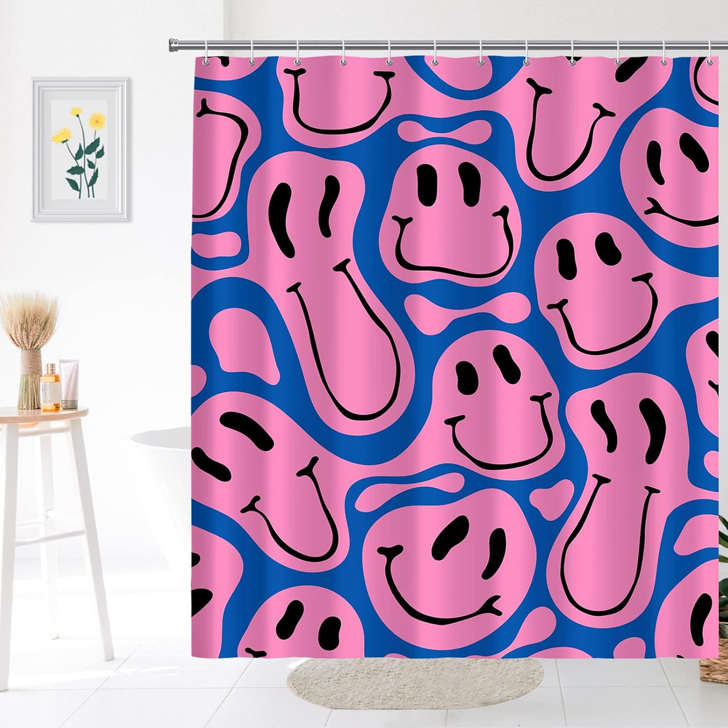 Home Decor Emoji - Niedlicher, lustiger Duschvorhang mit Emoji-Gesichtsdruck, blau,