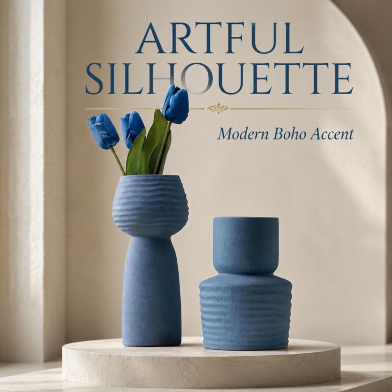 Pampas Grass Decor - 2er-Set grob strukturierte blaue Vasen, matt,
