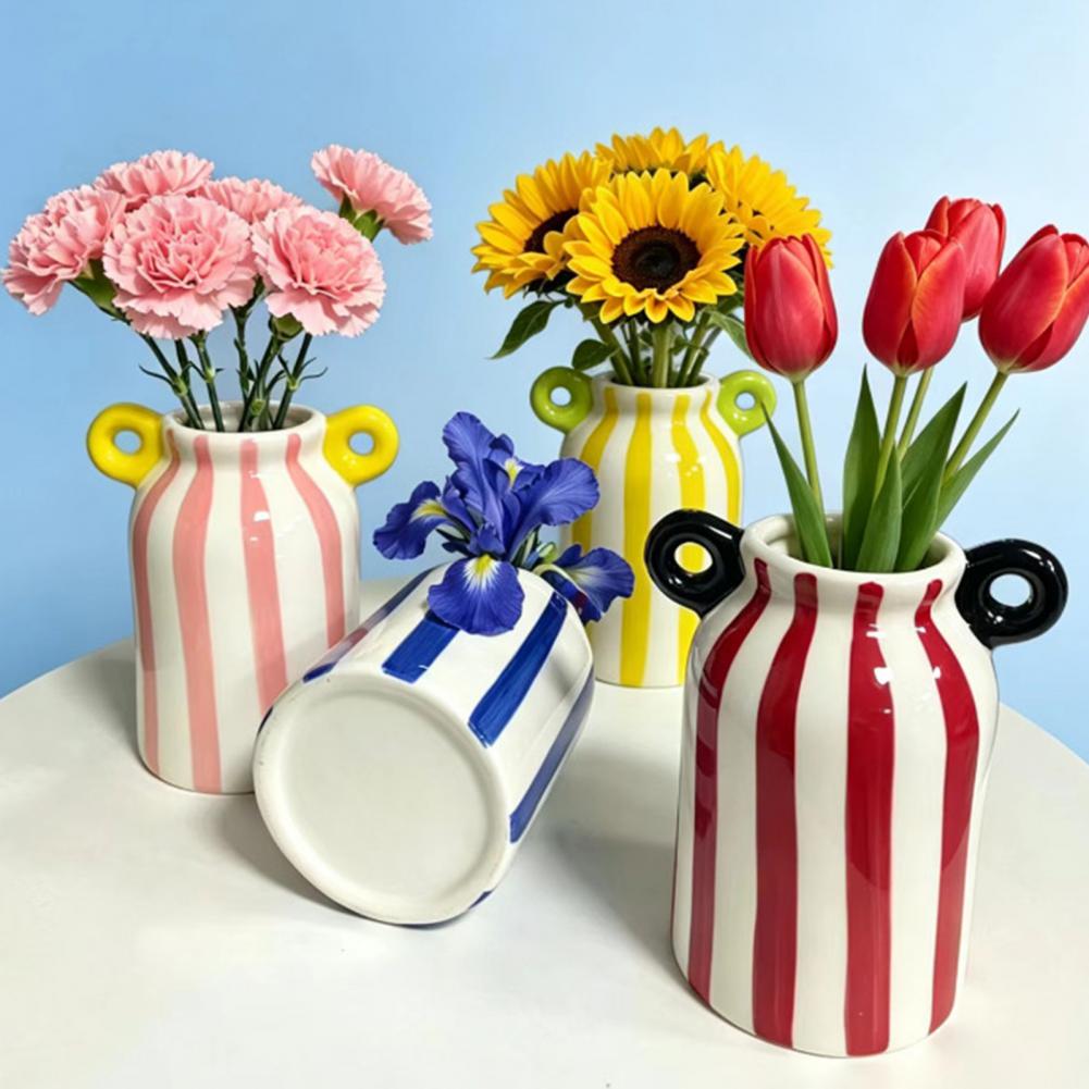 Pampas Grass Decor - Keramik-Blumenvase mit Streifenmuster und Doppelgriffen, Handbemalte