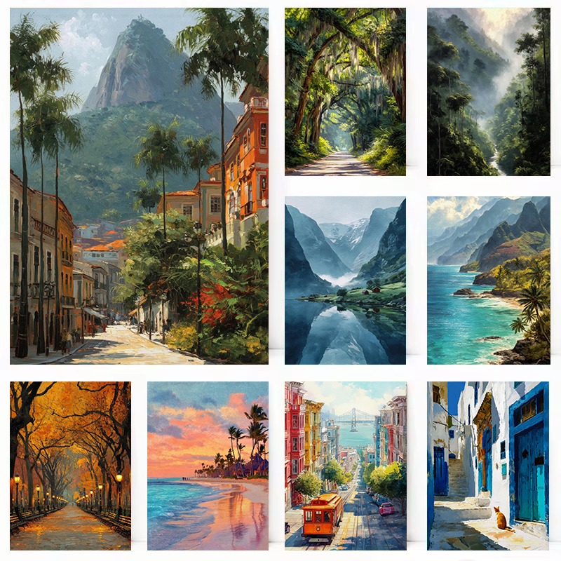 Home Decor Bali - Aquarell-Weltreise-Landschaften: Norwegen-Fjord, Bali, Lissabon, Nordische Ästhetik